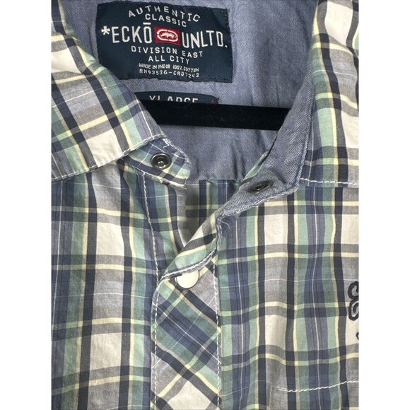 Ecko Unltd Mens XL Blue Plaid Short Sleeve Pearl‎ Snap Western Button Up Patches - Picture 9 of 14
